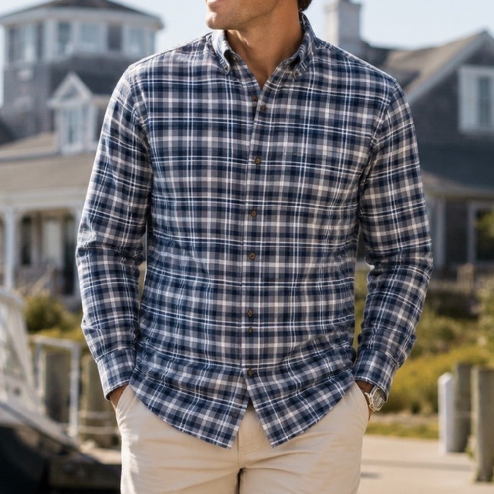 Johnnie-O Top Shelf Mens Medium Blue Grey Plaid Cotton Button Down Shirt A5